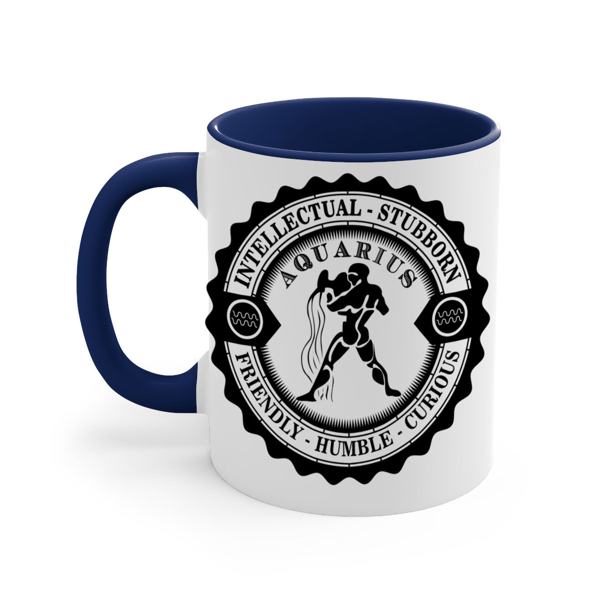 Aquarius black 44# zodiac mug with glossy finish and colored handle, available in two sizes.
