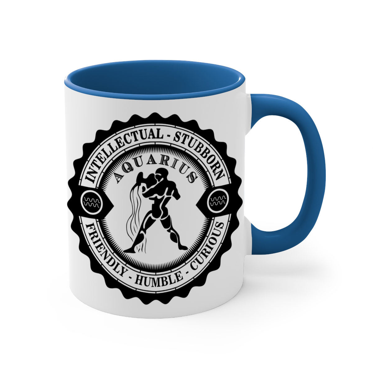 Aquarius black 44# zodiac mug with glossy finish and colored handle, available in two sizes.