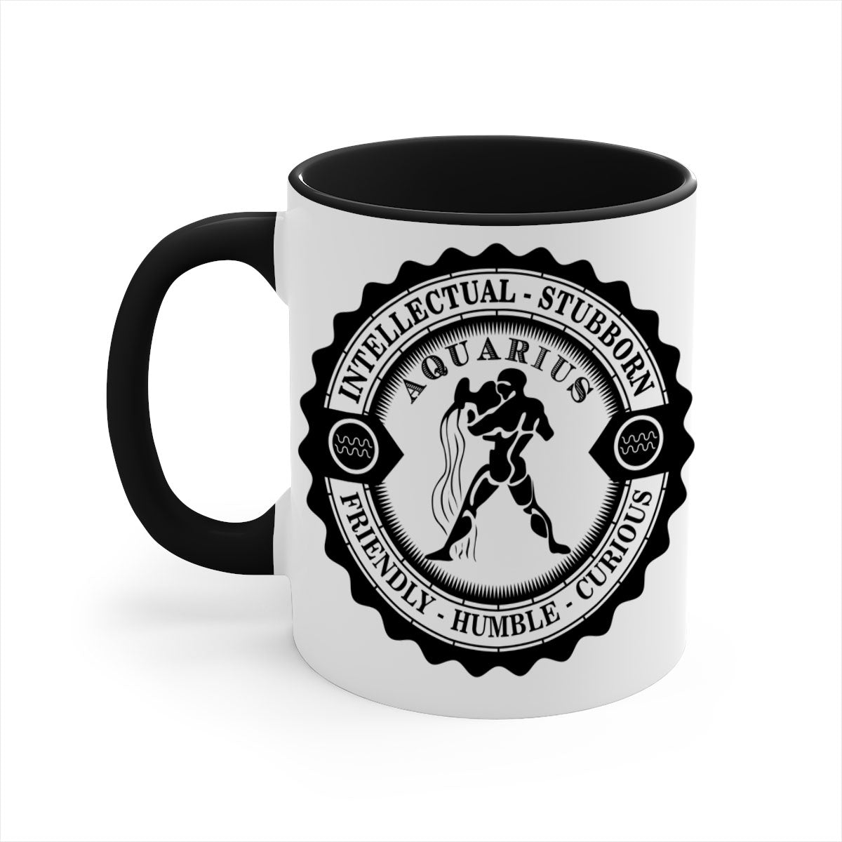 Aquarius black 44# zodiac mug with glossy finish and colored handle, available in two sizes.