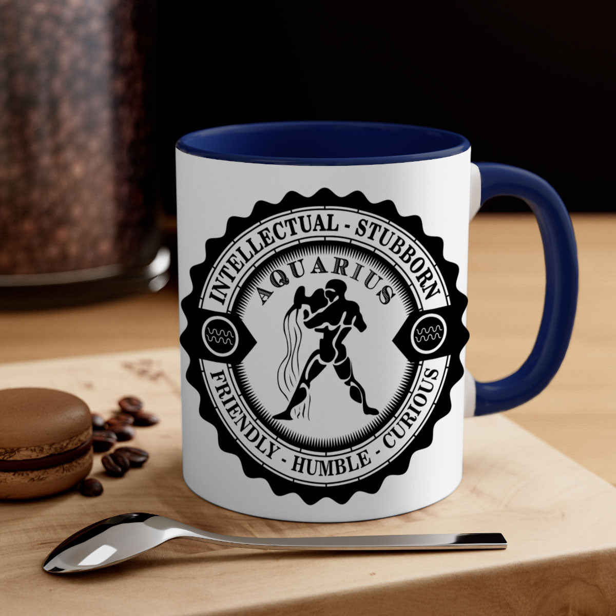 Aquarius black 44# zodiac mug with glossy finish and colored handle, available in two sizes.