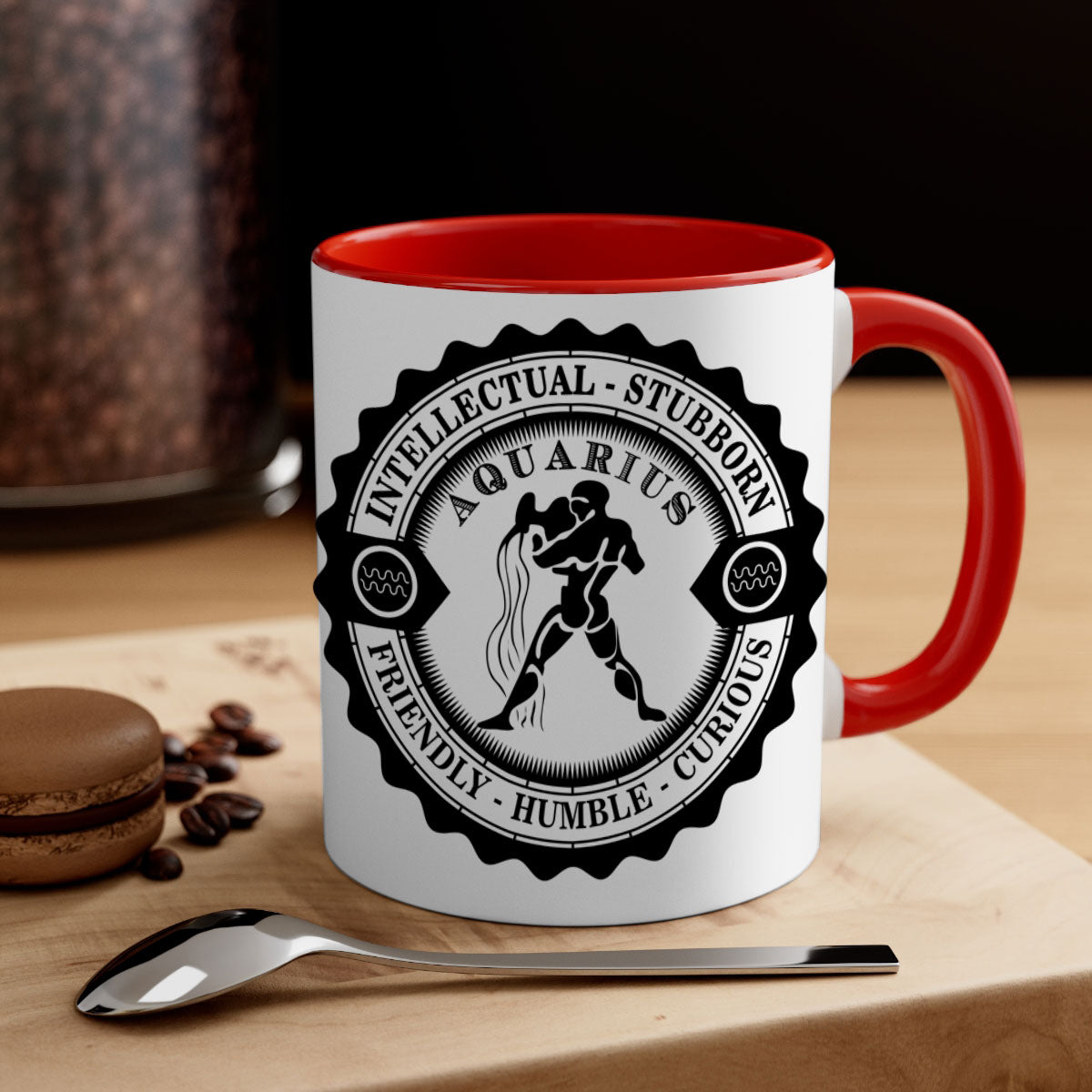 Aquarius black 44# zodiac mug with glossy finish and colored handle, available in two sizes.