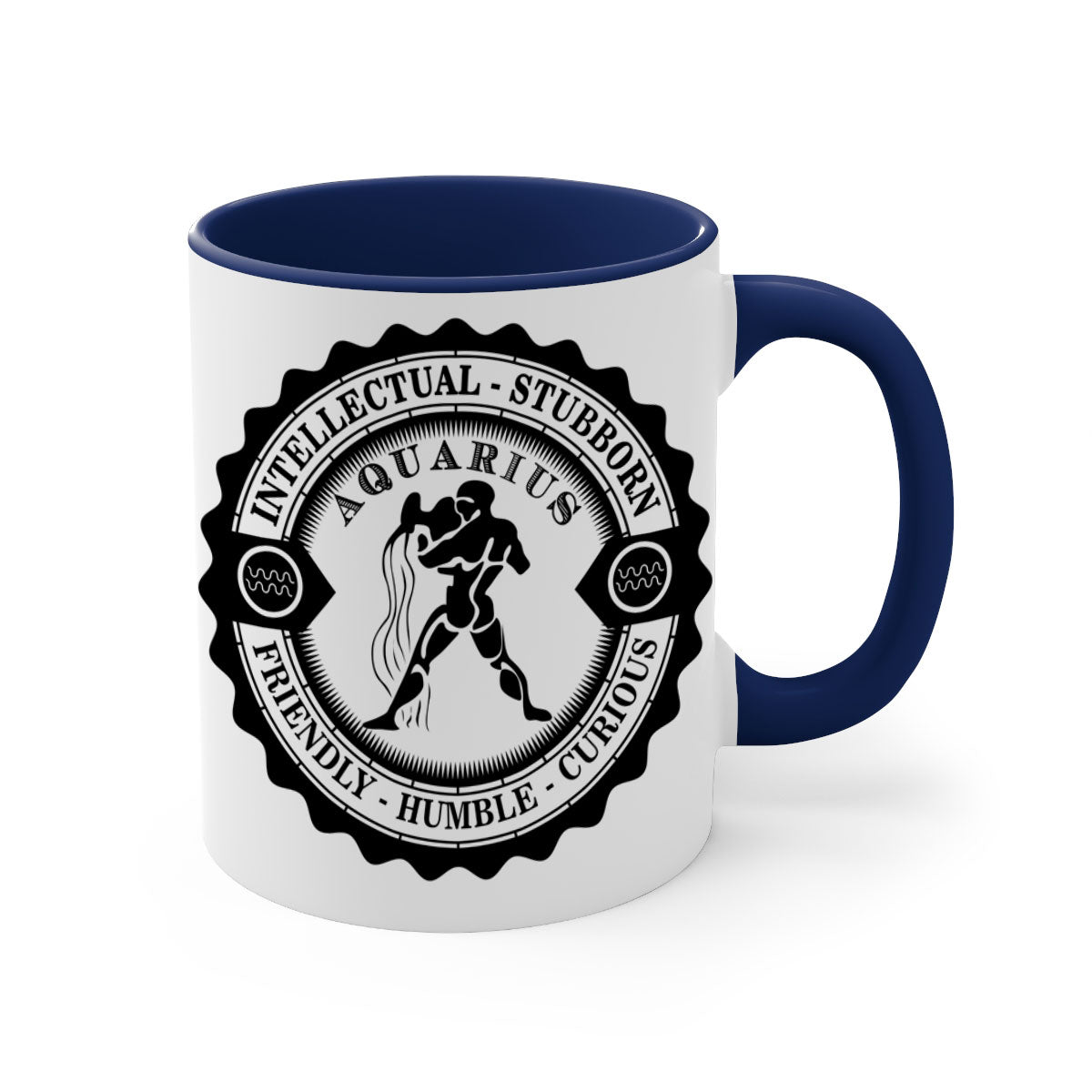 Aquarius black 44# zodiac mug with glossy finish and colored handle, available in two sizes.
