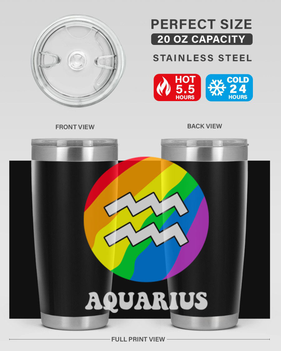 Aquarius LGBT Pride Tumbler showcasing vibrant colors and double wall vacuum stainless steel design, perfect for hot and cold beverages.