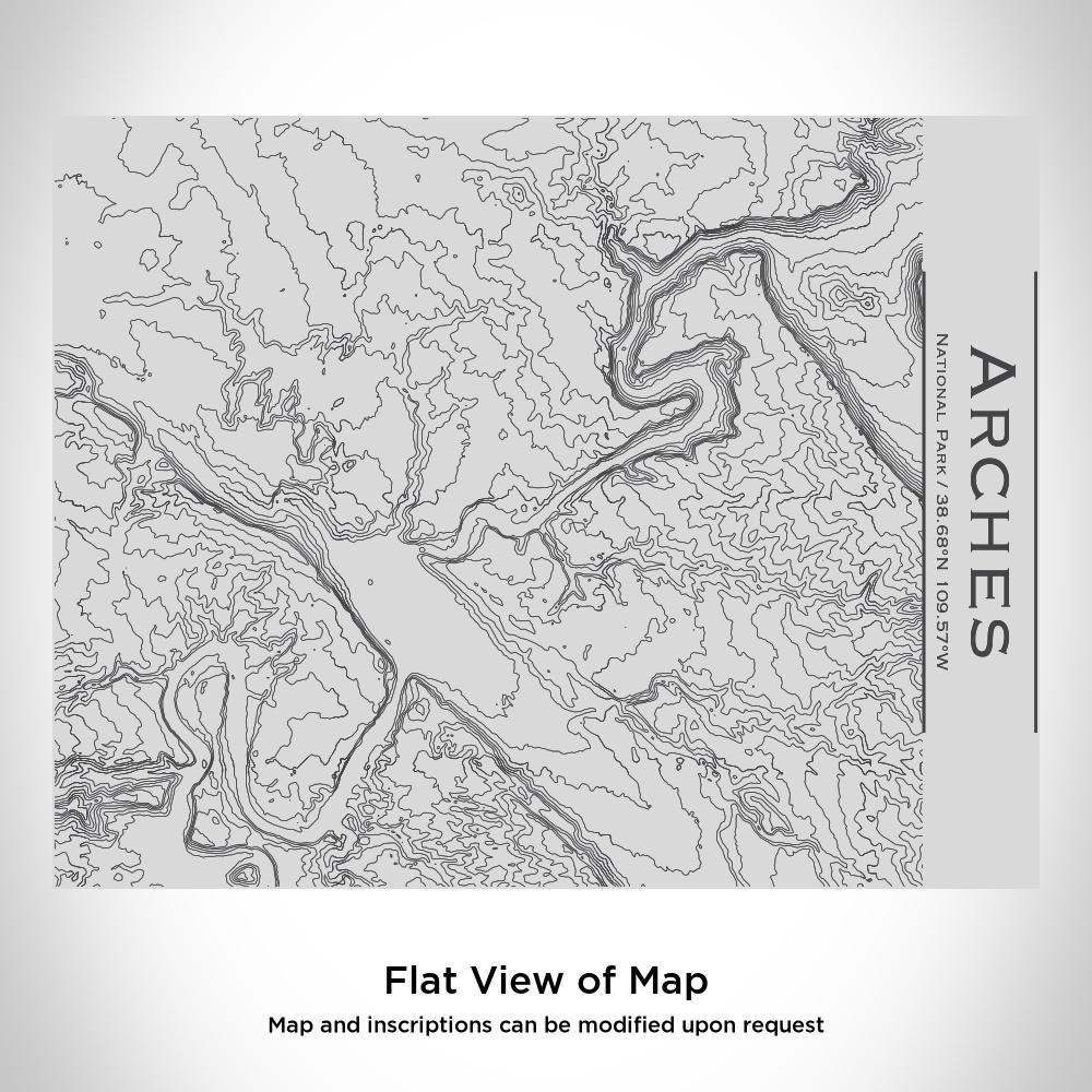 Custom engraved stainless steel bottle featuring a map of Arches National Park with a bamboo top, ideal for outdoor use.