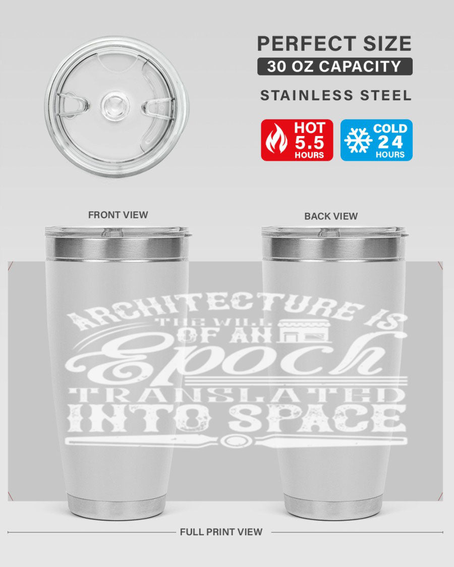 Architecture is the will of an epoch tumbler, showcasing a sleek double wall vacuum stainless steel design with a copper lining.