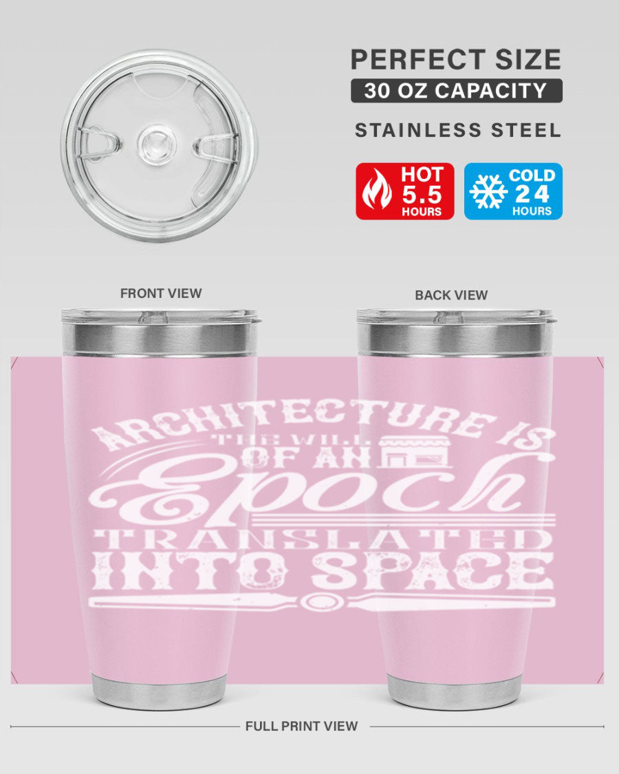 Architecture is the will of an epoch tumbler, showcasing a sleek double wall vacuum stainless steel design with a copper lining.