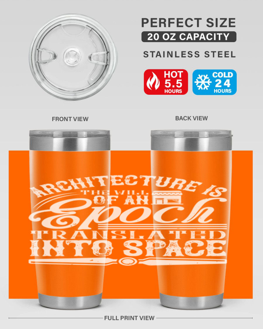 Architecture is the will of an epoch tumbler, showcasing a sleek double wall vacuum stainless steel design with a copper lining.