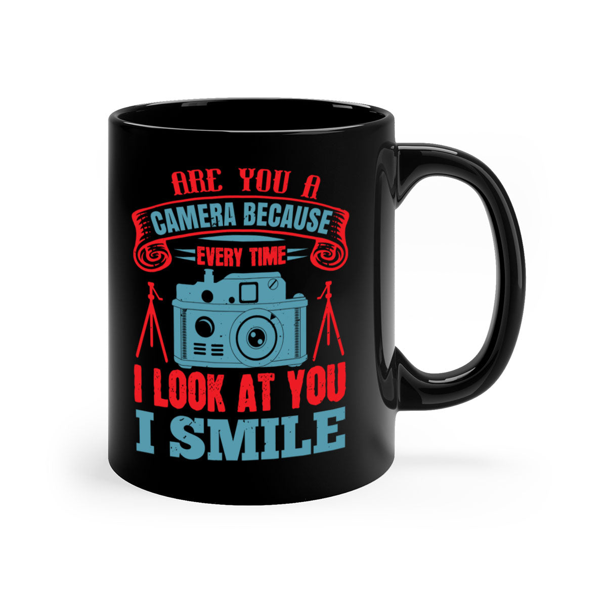 A two-tone ceramic coffee mug with a colored handle and interior, featuring the phrase 'Are You a Camera Because 46#' in a glossy finish.