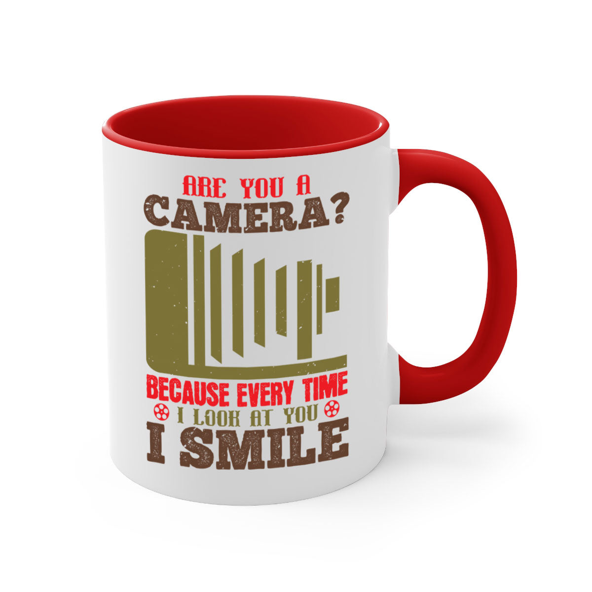A stylish two-tone ceramic coffee mug with a colored handle and glossy finish, featuring the phrase 'Are You a Camera Because Every Time 47#'.