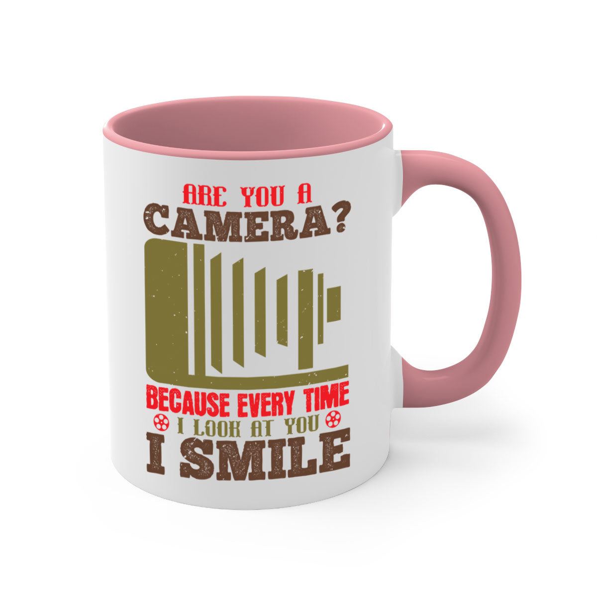A stylish two-tone ceramic coffee mug with a colored handle and glossy finish, featuring the phrase 'Are You a Camera Because Every Time 47#'.