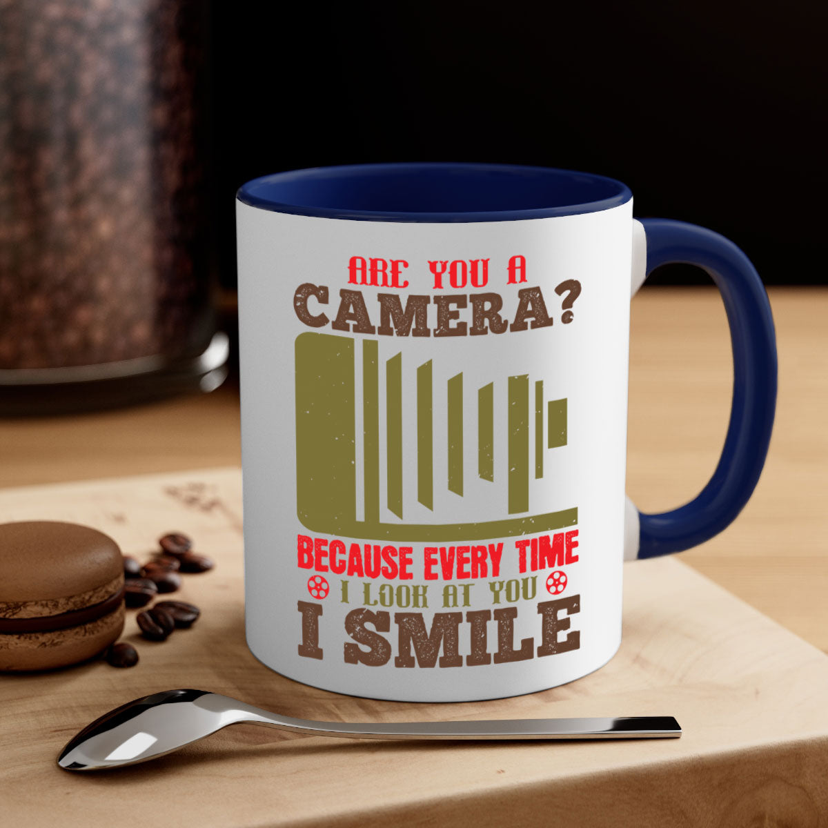 A stylish two-tone ceramic coffee mug with a colored handle and glossy finish, featuring the phrase 'Are You a Camera Because Every Time 47#'.