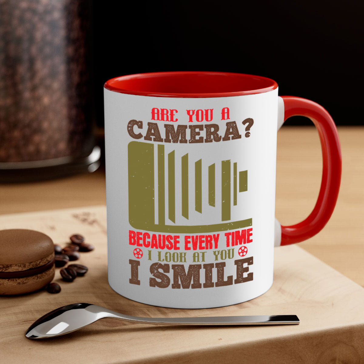 A stylish two-tone ceramic coffee mug with a colored handle and glossy finish, featuring the phrase 'Are You a Camera Because Every Time 47#'.