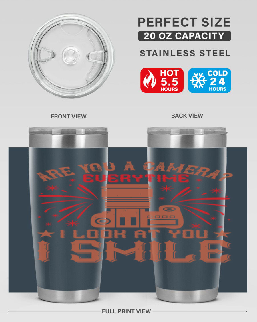 Are You a Camera Everytime 45# Tumbler in stainless steel with a vibrant photography-themed design, perfect for hot and cold beverages.