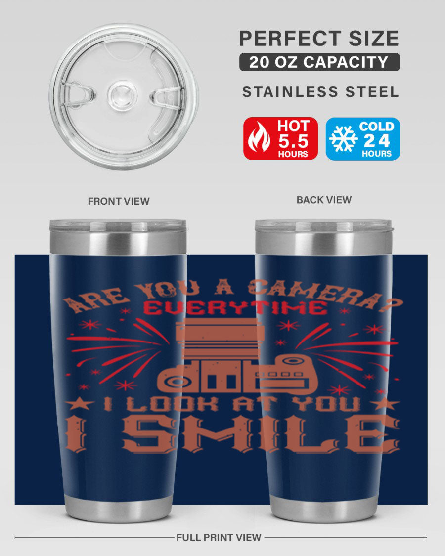 Are You a Camera Everytime 45# Tumbler in stainless steel with a vibrant photography-themed design, perfect for hot and cold beverages.