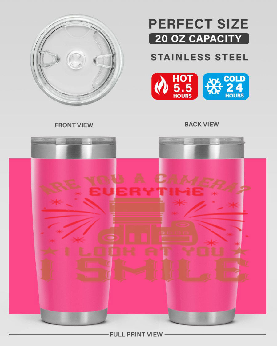 Are You a Camera Everytime 45# Tumbler in stainless steel with a vibrant photography-themed design, perfect for hot and cold beverages.
