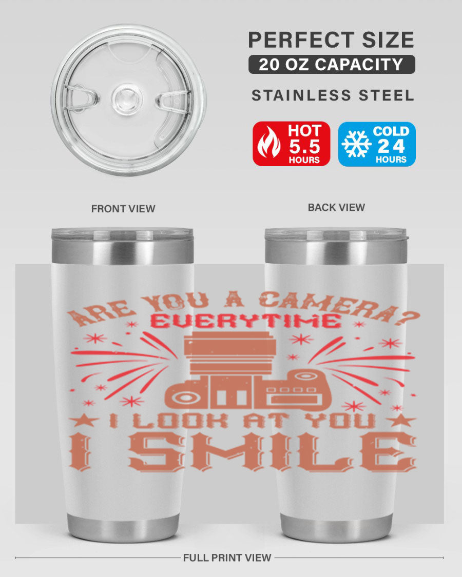 Are You a Camera Everytime 45# Tumbler in stainless steel with a vibrant photography-themed design, perfect for hot and cold beverages.