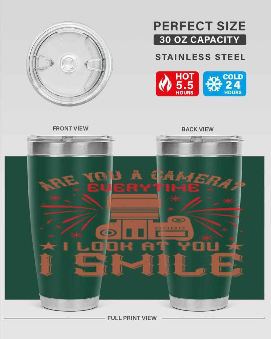 Are You a Camera Everytime 45# Tumbler in stainless steel with a vibrant photography-themed design, perfect for hot and cold beverages.