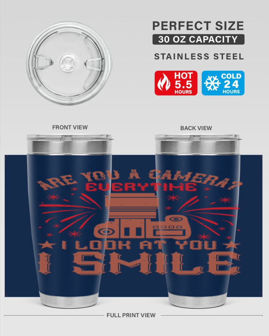 Are You a Camera Everytime 45# Tumbler in stainless steel with a vibrant photography-themed design, perfect for hot and cold beverages.