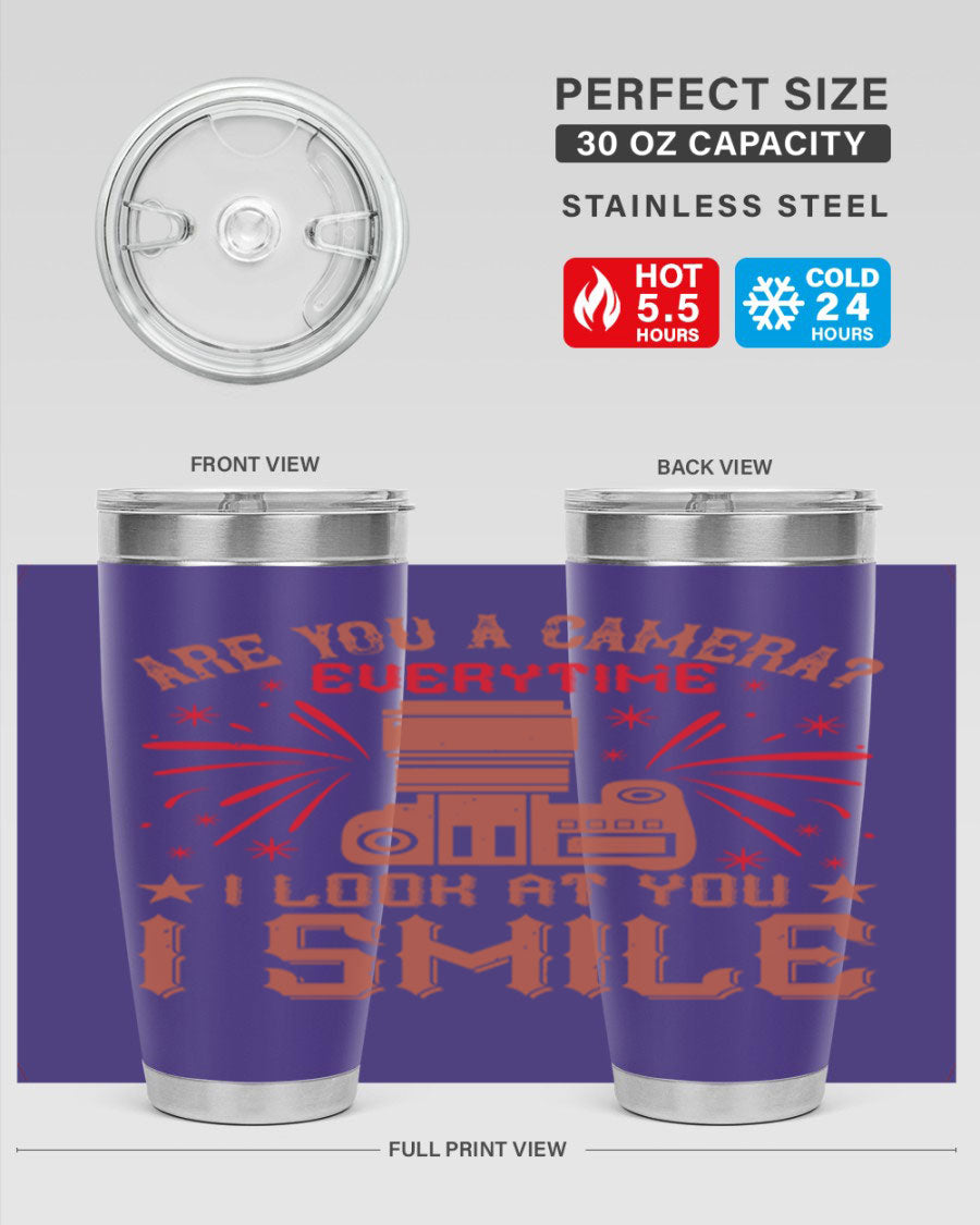 Are You a Camera Everytime 45# Tumbler in stainless steel with a vibrant photography-themed design, perfect for hot and cold beverages.