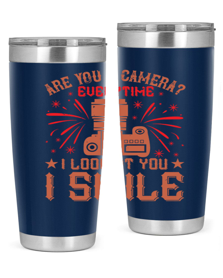 Are You a Camera Everytime 45# Tumbler in stainless steel with a vibrant photography-themed design, perfect for hot and cold beverages.