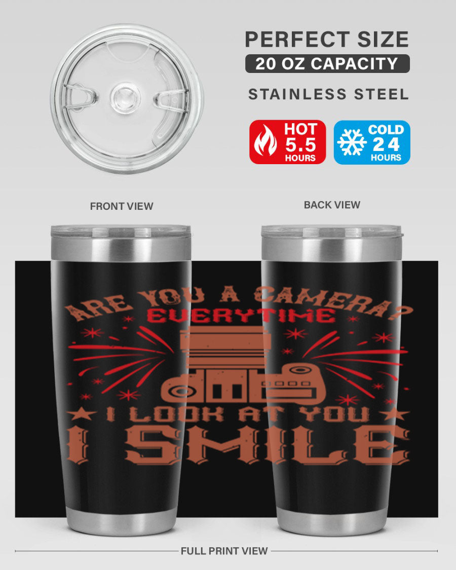 Are You a Camera Everytime 45# Tumbler in stainless steel with a vibrant photography-themed design, perfect for hot and cold beverages.