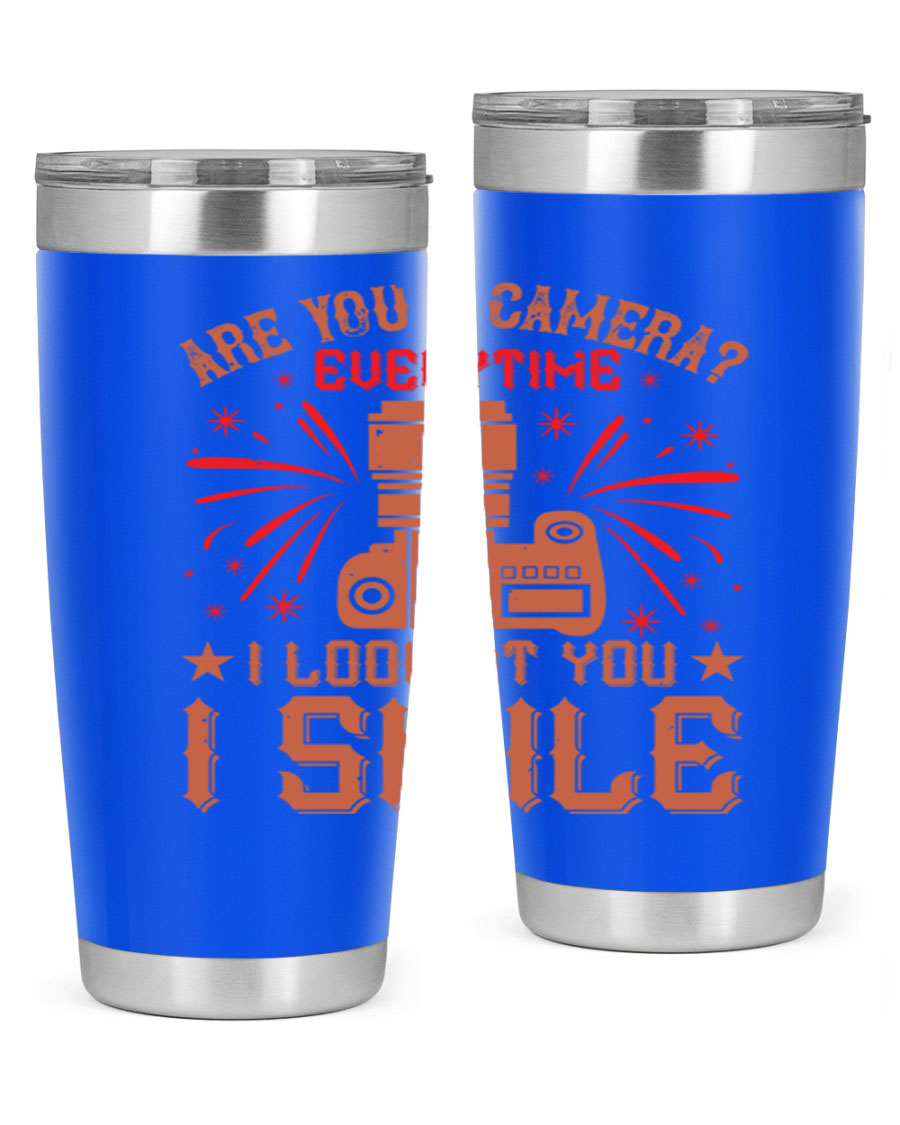 Are You a Camera Everytime 45# Tumbler in stainless steel with a vibrant photography-themed design, perfect for hot and cold beverages.