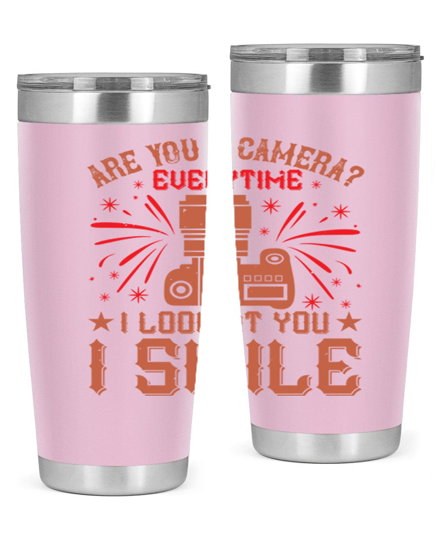 Are You a Camera Everytime 45# Tumbler in stainless steel with a vibrant photography-themed design, perfect for hot and cold beverages.