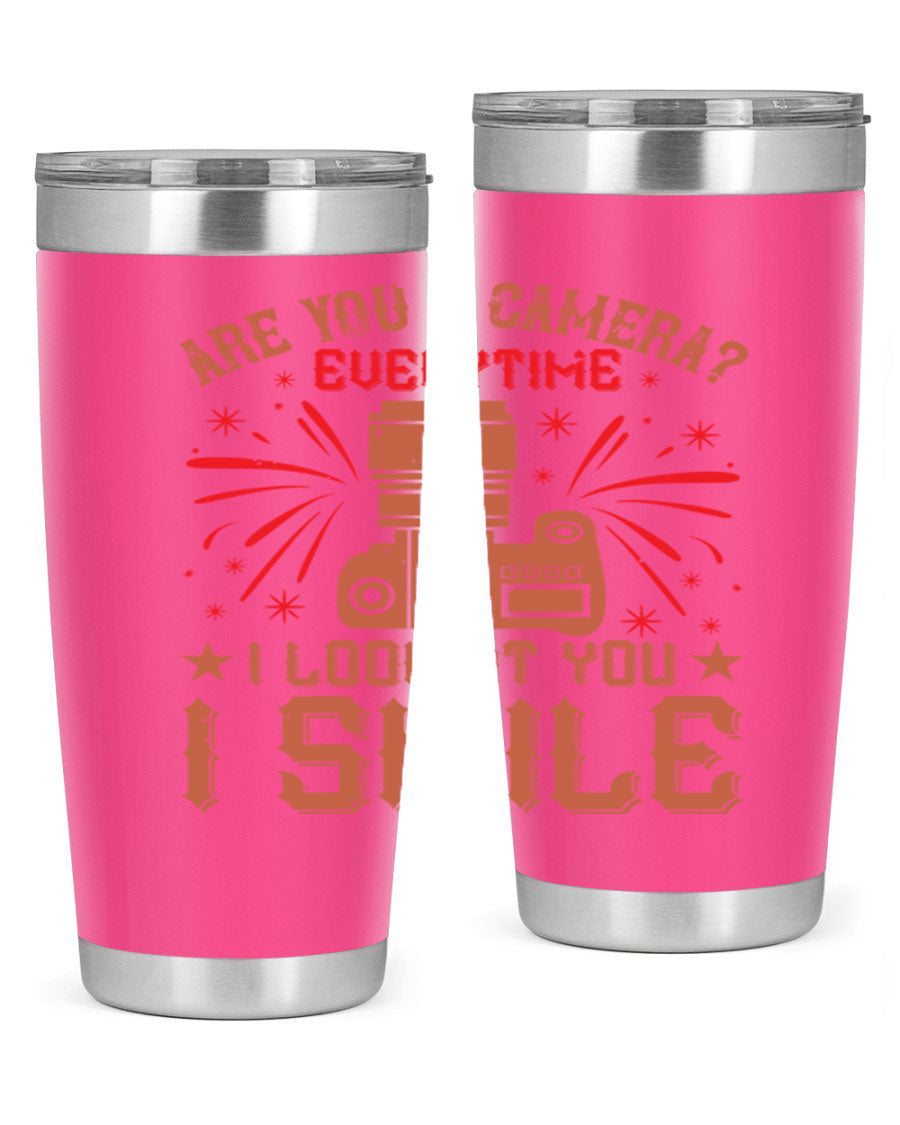 Are You a Camera Everytime 45# Tumbler in stainless steel with a vibrant photography-themed design, perfect for hot and cold beverages.
