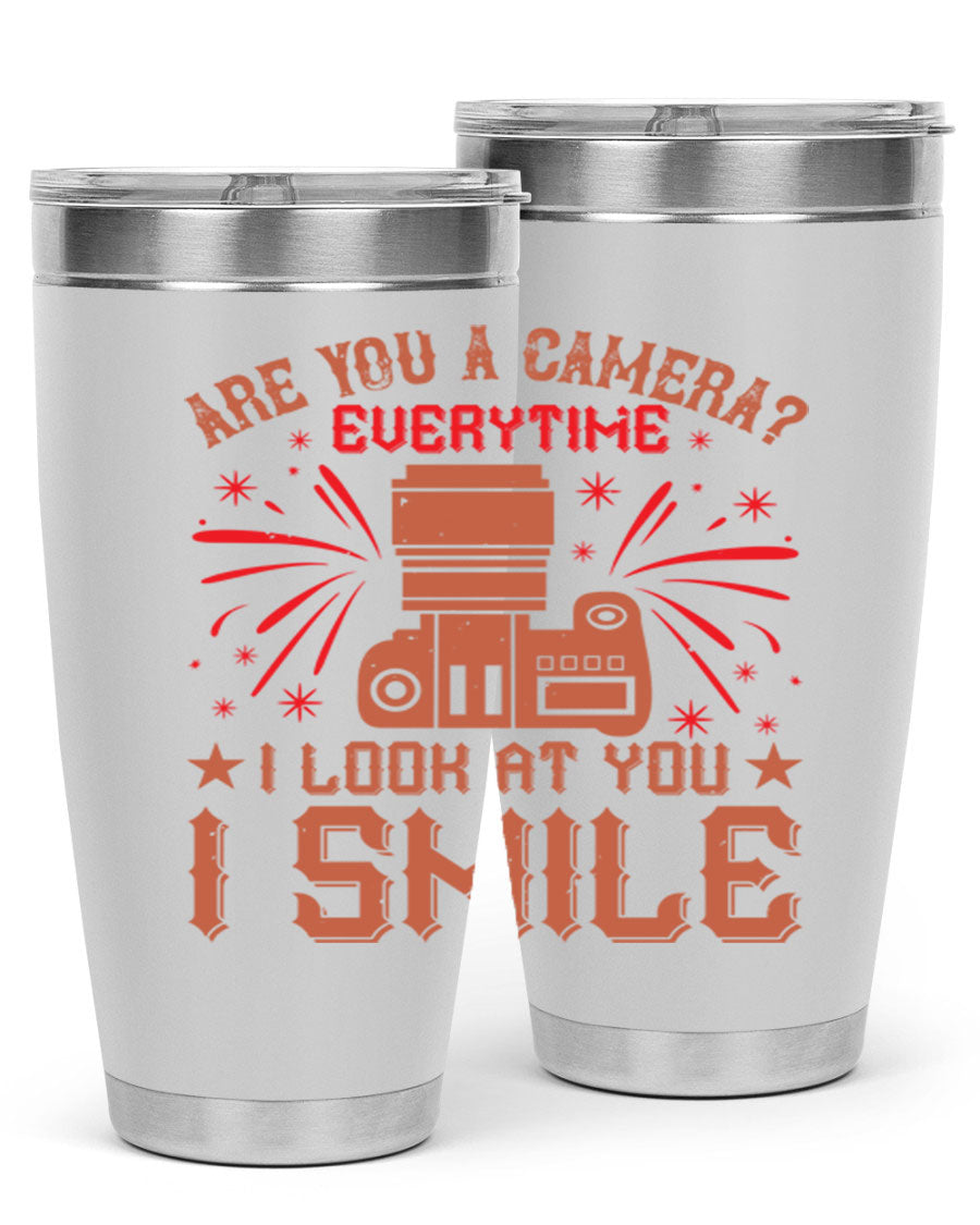 Are You a Camera Everytime 45# Tumbler in stainless steel with a vibrant photography-themed design, perfect for hot and cold beverages.