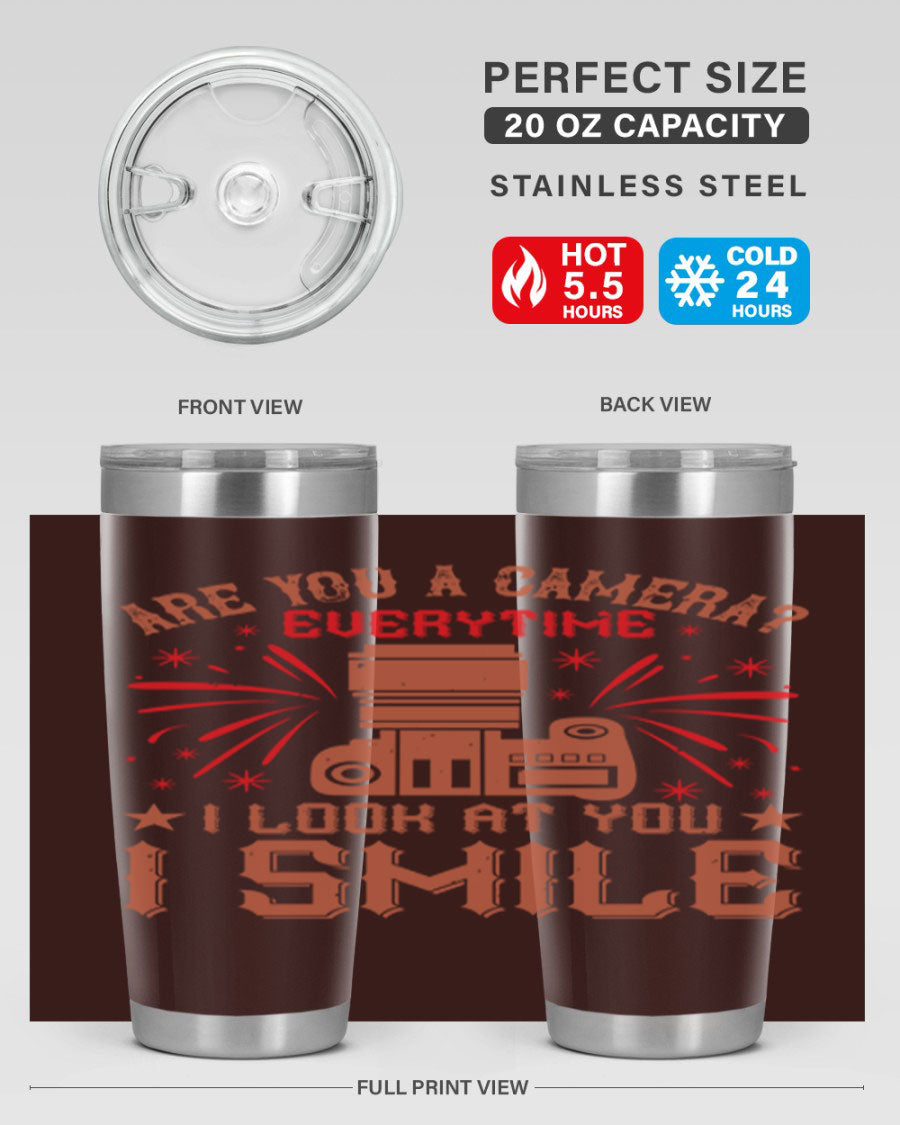 Are You a Camera Everytime 45# Tumbler in stainless steel with a vibrant photography-themed design, perfect for hot and cold beverages.