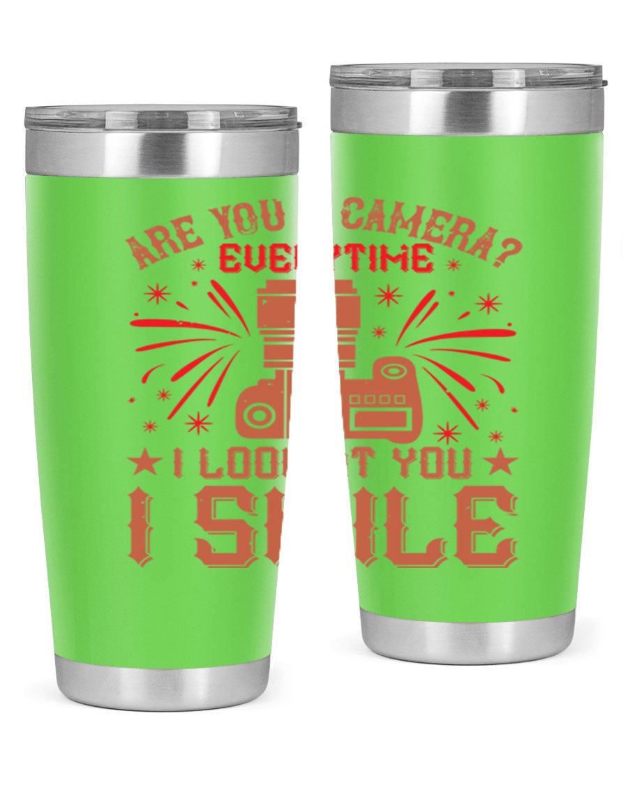 Are You a Camera Everytime 45# Tumbler in stainless steel with a vibrant photography-themed design, perfect for hot and cold beverages.