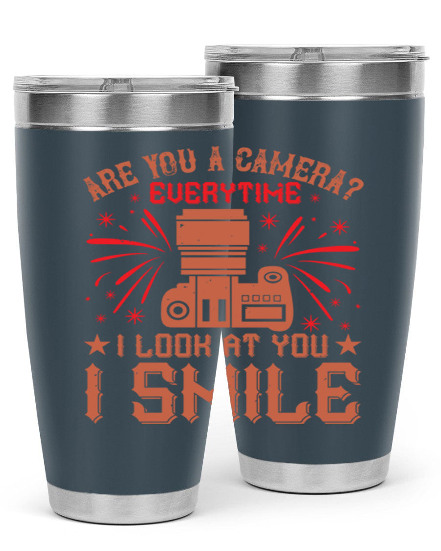 Are You a Camera Everytime 45# Tumbler in stainless steel with a vibrant photography-themed design, perfect for hot and cold beverages.