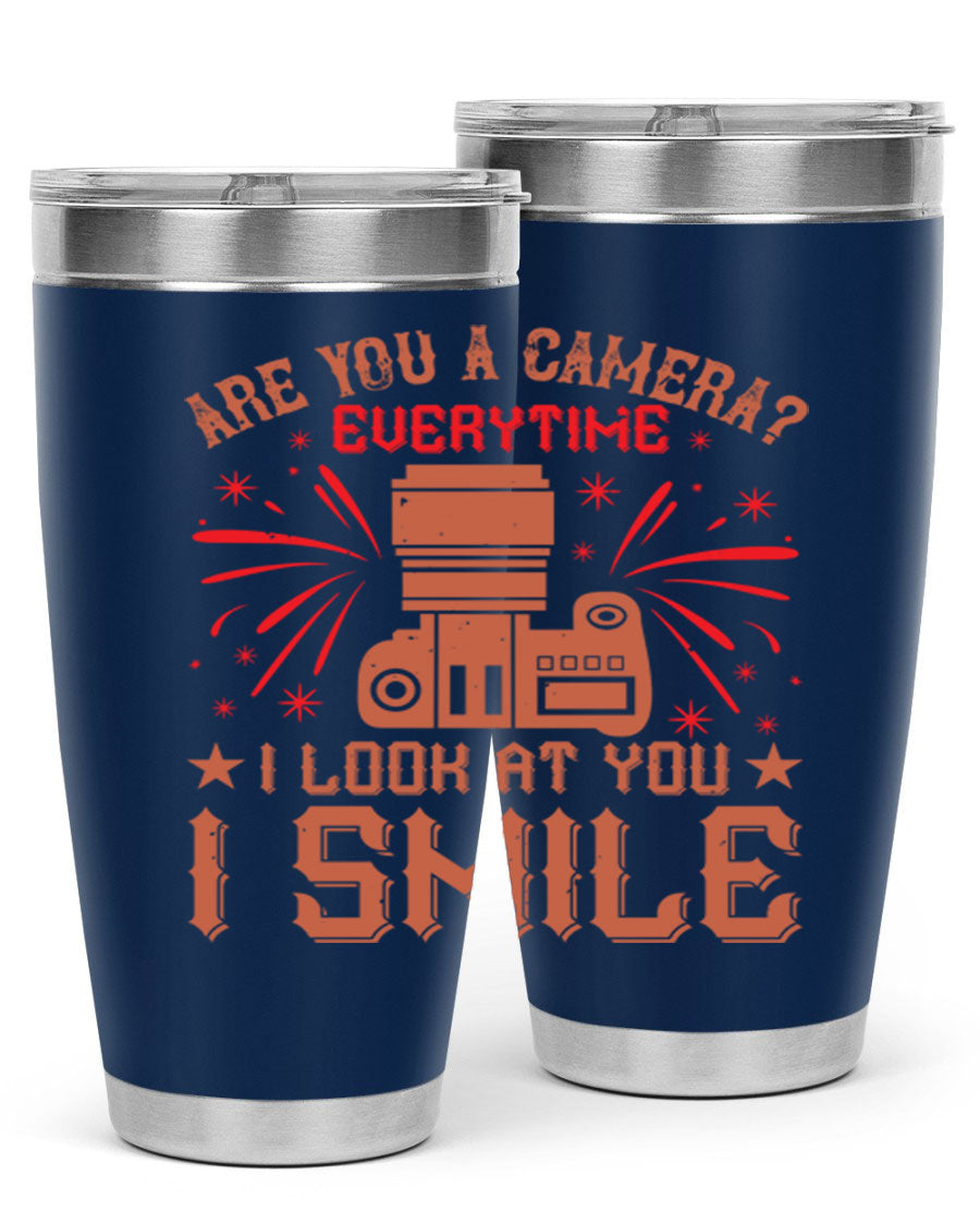 Are You a Camera Everytime 45# Tumbler in stainless steel with a vibrant photography-themed design, perfect for hot and cold beverages.