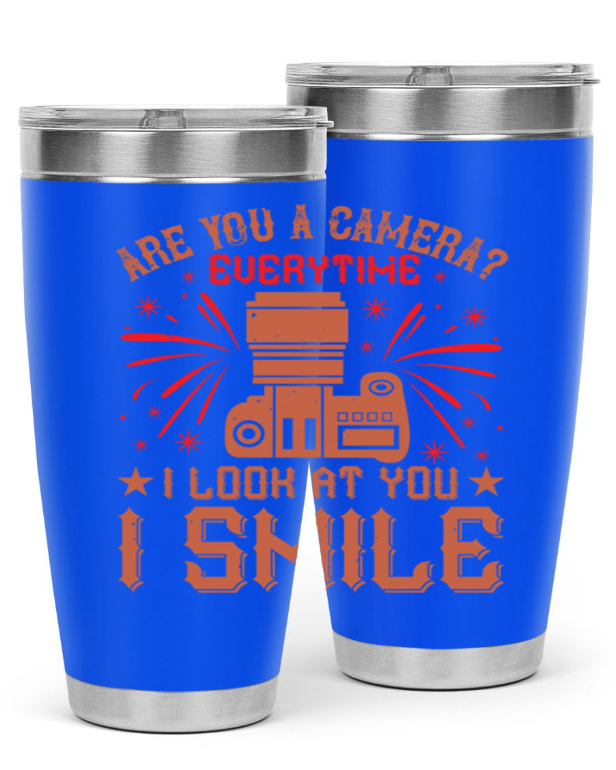 Are You a Camera Everytime 45# Tumbler in stainless steel with a vibrant photography-themed design, perfect for hot and cold beverages.