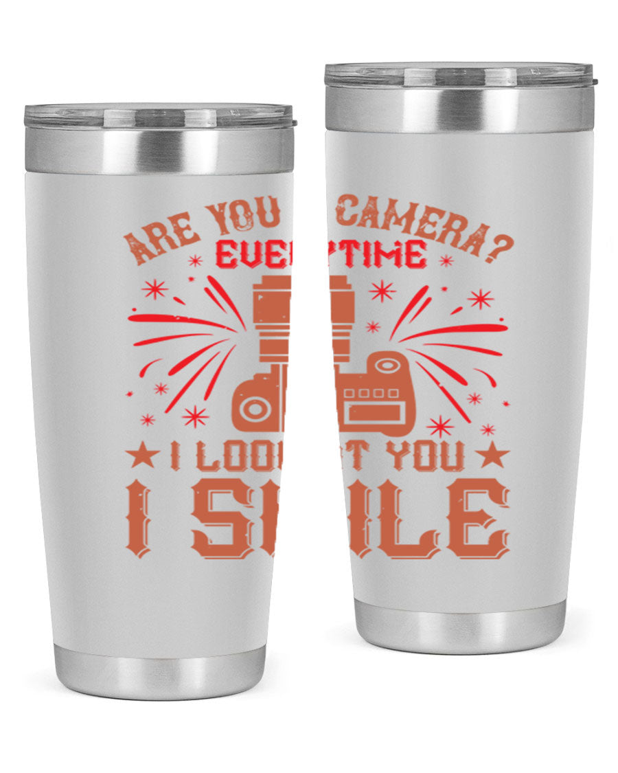 Are You a Camera Everytime 45# Tumbler in stainless steel with a vibrant photography-themed design, perfect for hot and cold beverages.