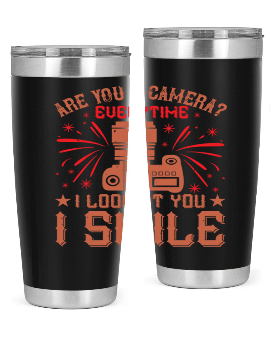 Are You a Camera Everytime 45# Tumbler in stainless steel with a vibrant photography-themed design, perfect for hot and cold beverages.