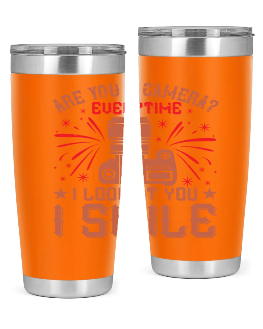 Are You a Camera Everytime 45# Tumbler in stainless steel with a vibrant photography-themed design, perfect for hot and cold beverages.