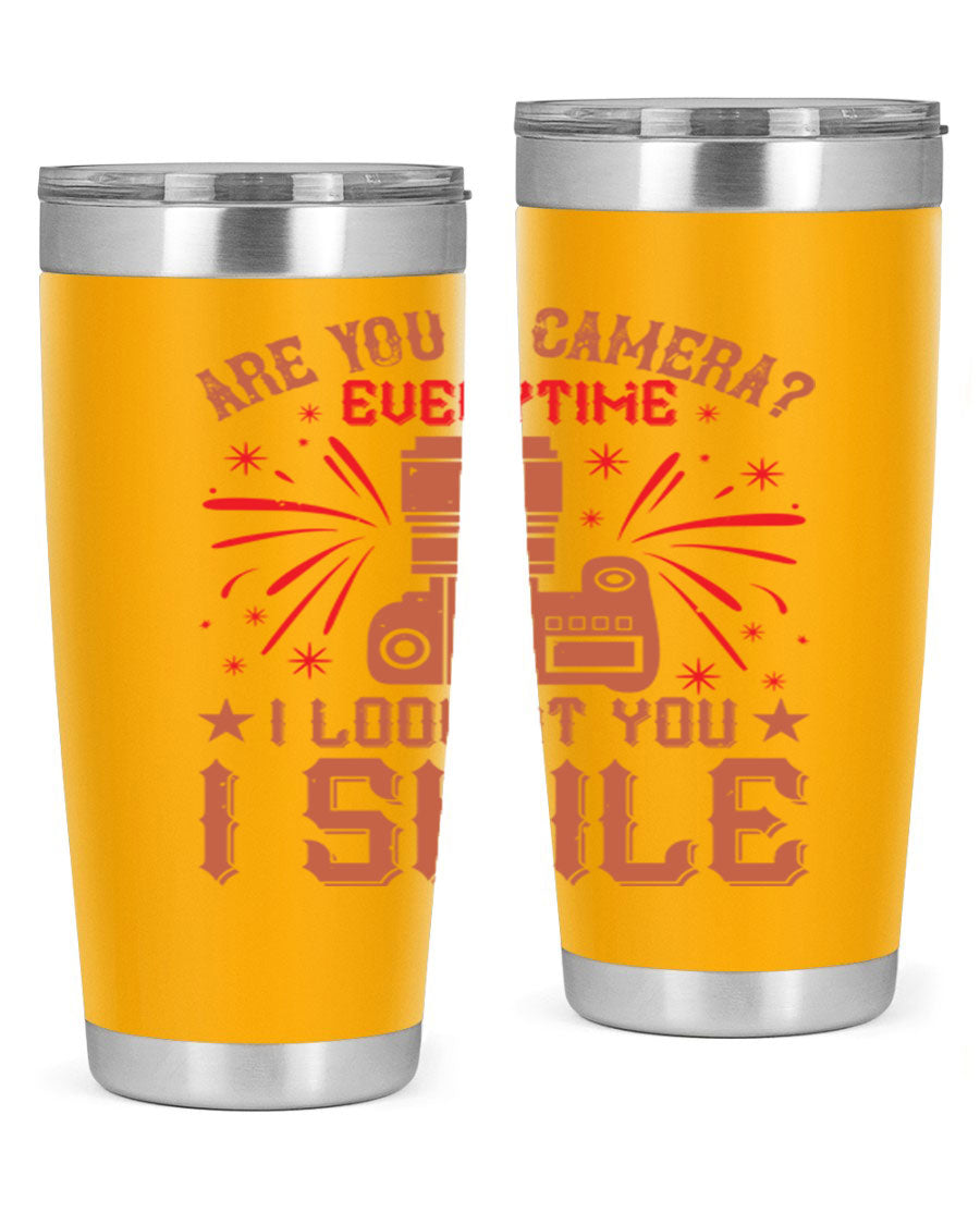 Are You a Camera Everytime 45# Tumbler in stainless steel with a vibrant photography-themed design, perfect for hot and cold beverages.