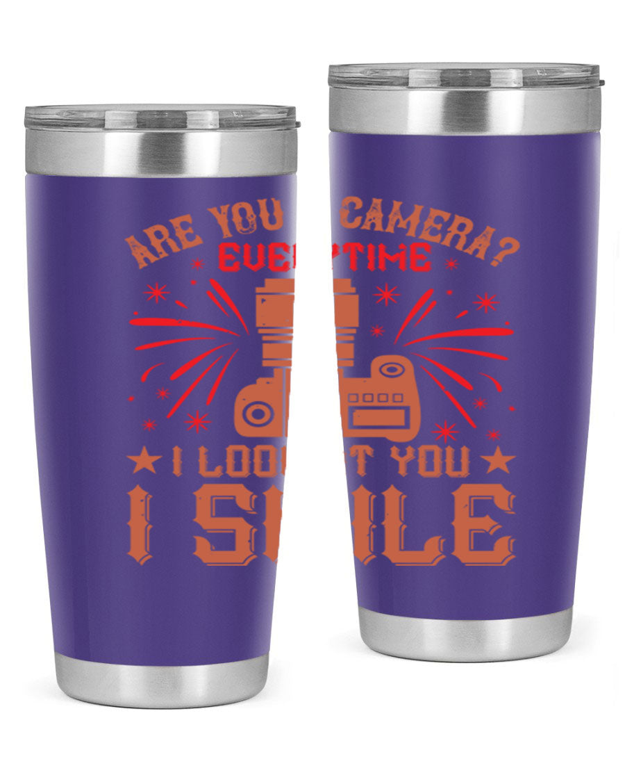Are You a Camera Everytime 45# Tumbler in stainless steel with a vibrant photography-themed design, perfect for hot and cold beverages.