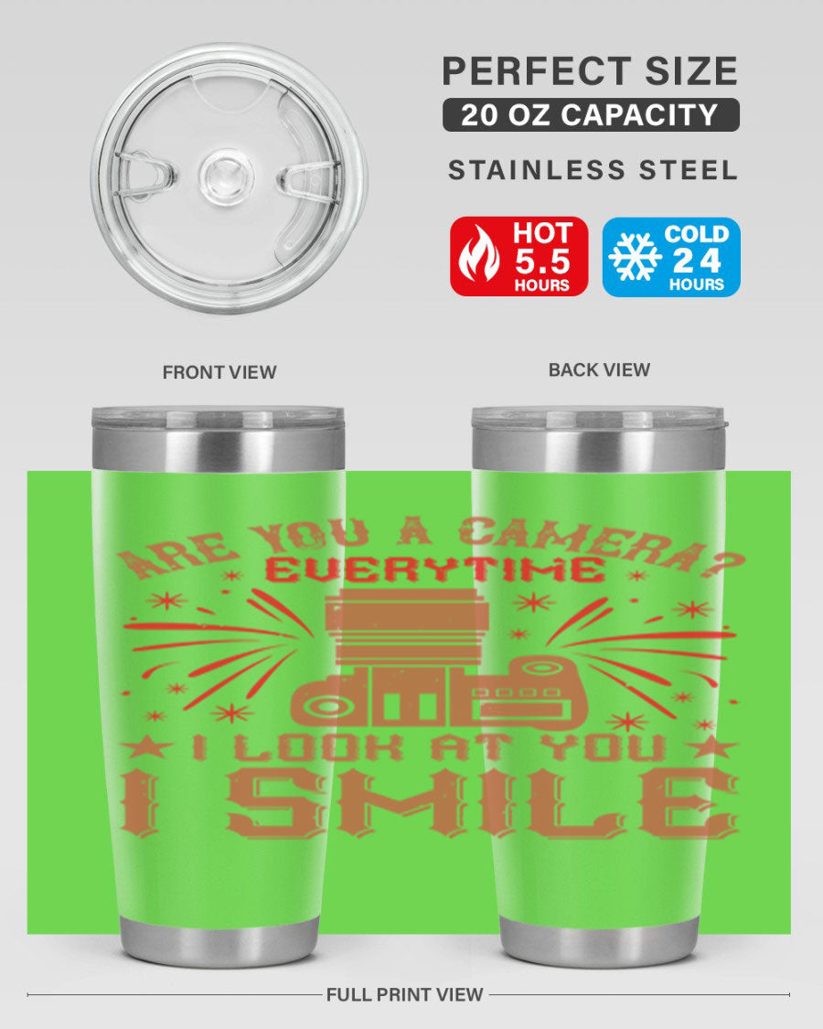 Are You a Camera Everytime 45# Tumbler in stainless steel with a vibrant photography-themed design, perfect for hot and cold beverages.