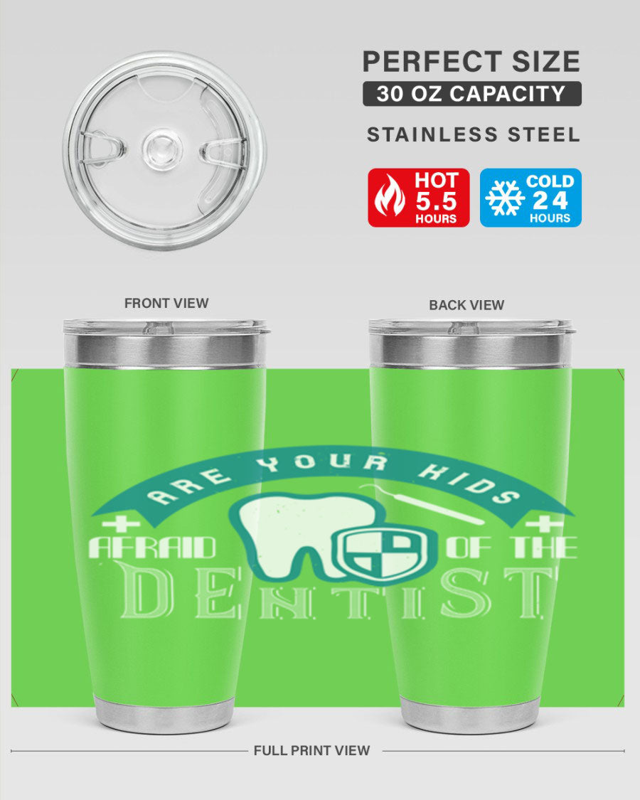 A colorful 20oz Dentist Style 6# tumbler made of double wall vacuum stainless steel, featuring a drink-thru lid, perfect for kids.