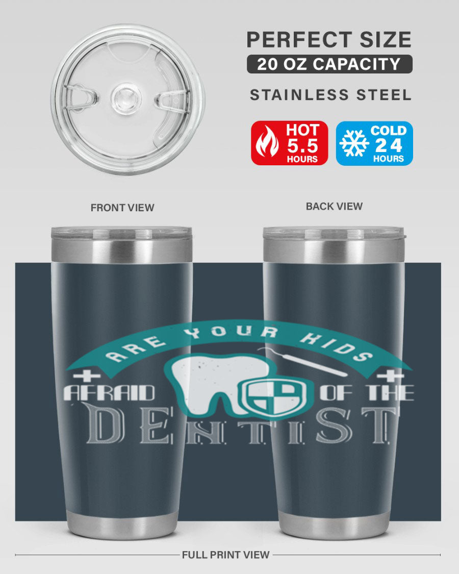 A colorful 20oz Dentist Style 6# tumbler made of double wall vacuum stainless steel, featuring a drink-thru lid, perfect for kids.