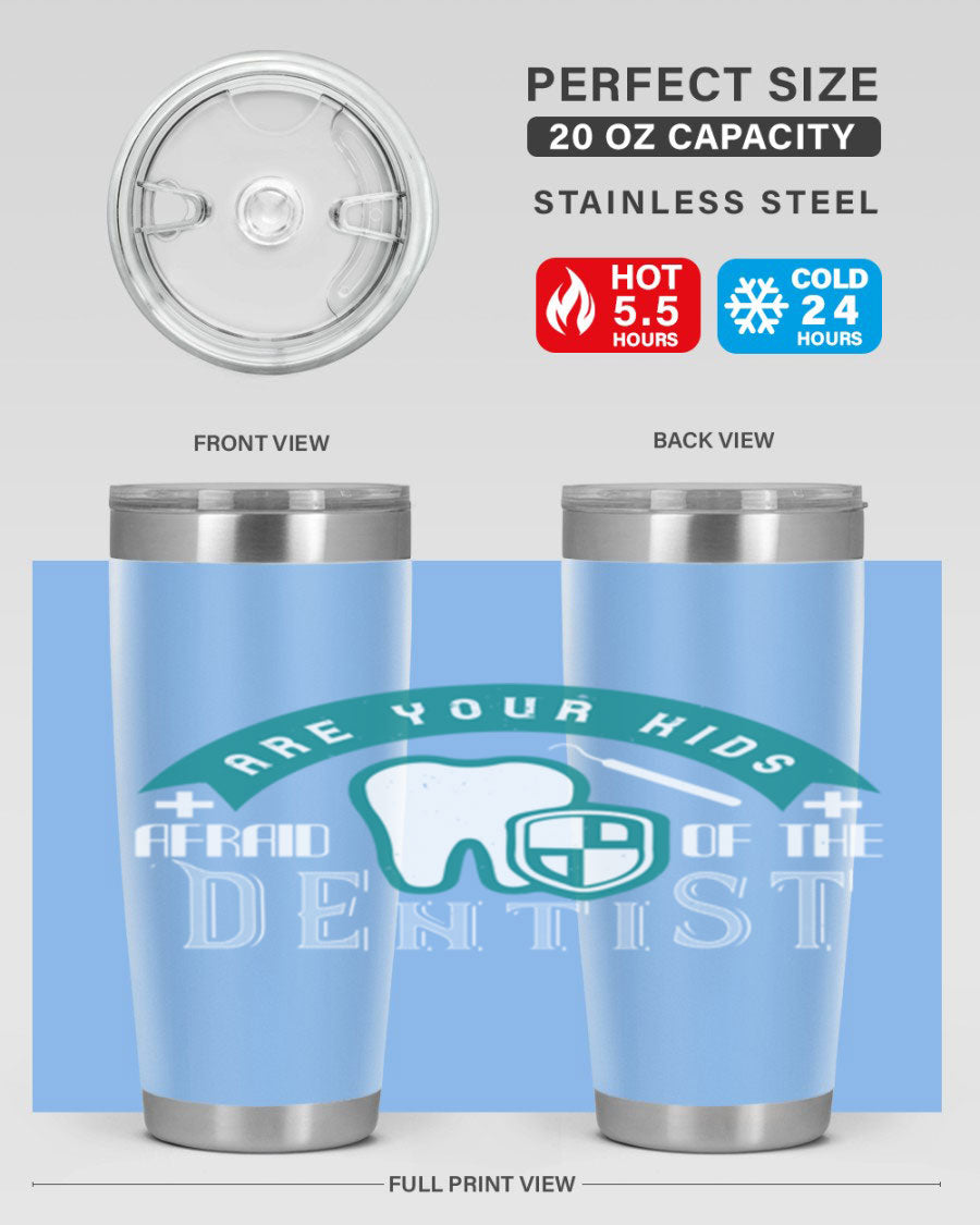 A colorful 20oz Dentist Style 6# tumbler made of double wall vacuum stainless steel, featuring a drink-thru lid, perfect for kids.