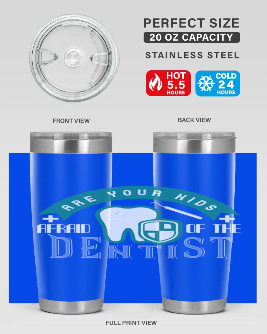 A colorful 20oz Dentist Style 6# tumbler made of double wall vacuum stainless steel, featuring a drink-thru lid, perfect for kids.