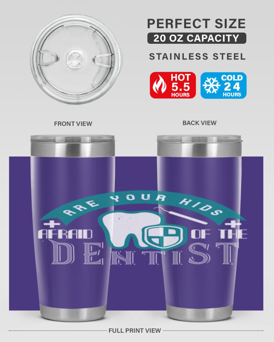 A colorful 20oz Dentist Style 6# tumbler made of double wall vacuum stainless steel, featuring a drink-thru lid, perfect for kids.