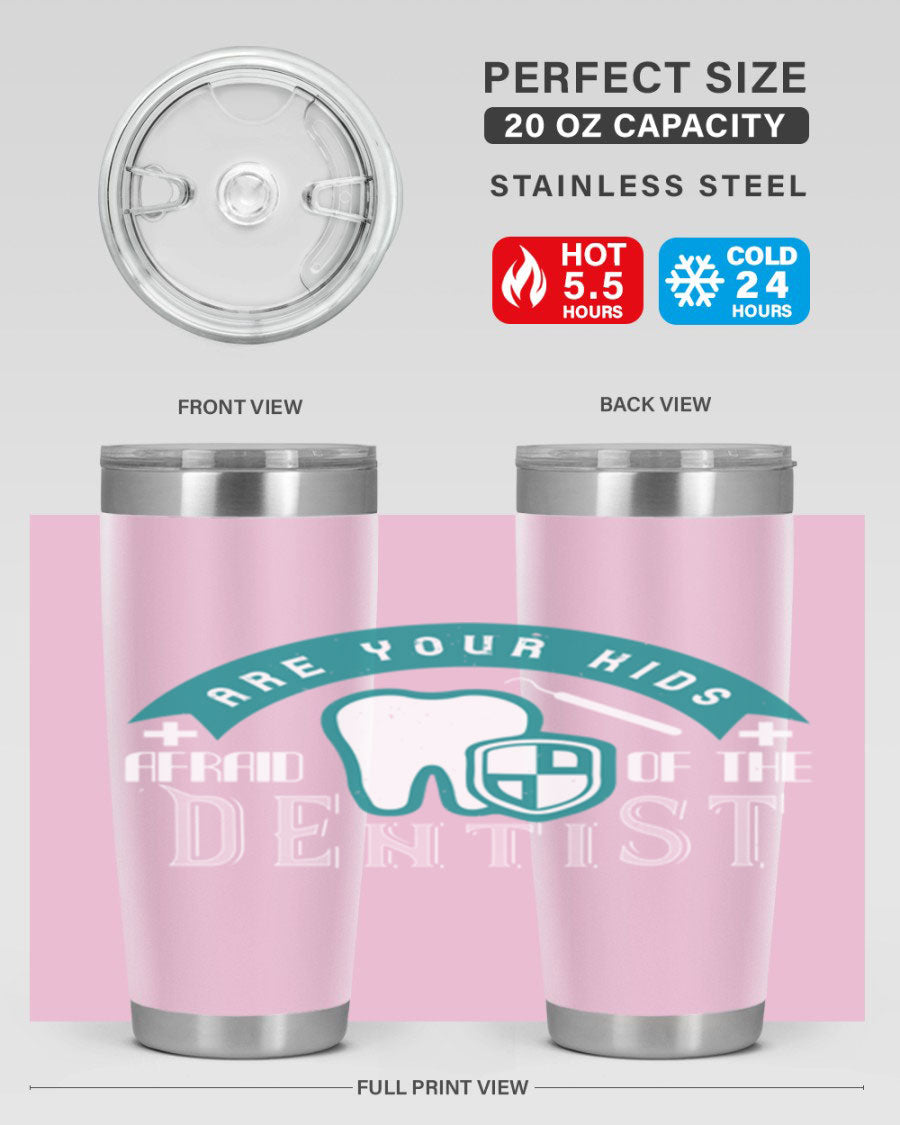 A colorful 20oz Dentist Style 6# tumbler made of double wall vacuum stainless steel, featuring a drink-thru lid, perfect for kids.