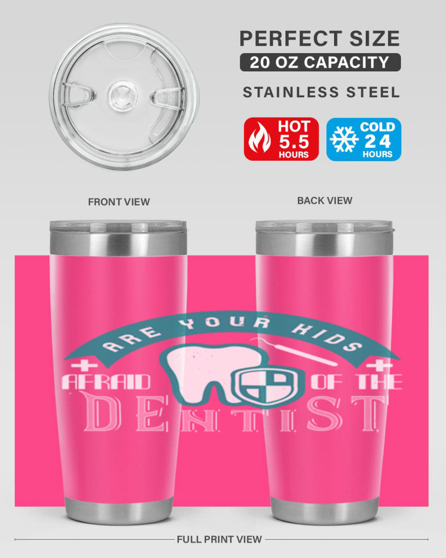 A colorful 20oz Dentist Style 6# tumbler made of double wall vacuum stainless steel, featuring a drink-thru lid, perfect for kids.