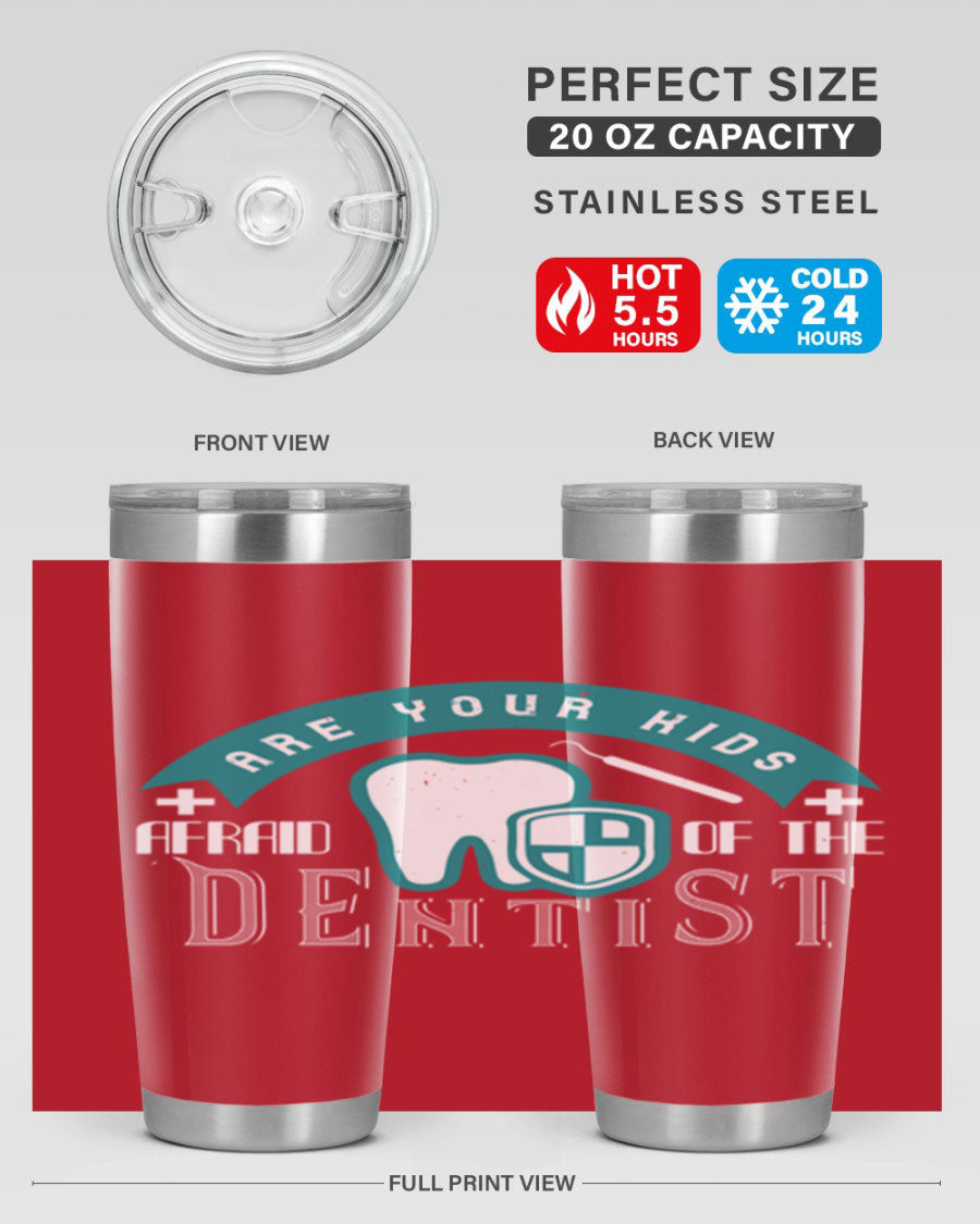 A colorful 20oz Dentist Style 6# tumbler made of double wall vacuum stainless steel, featuring a drink-thru lid, perfect for kids.