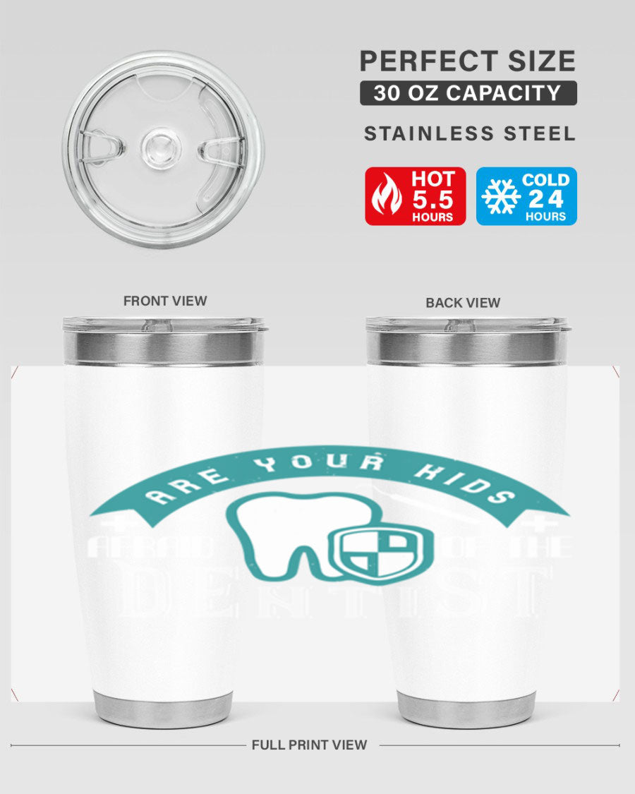 A colorful 20oz Dentist Style 6# tumbler made of double wall vacuum stainless steel, featuring a drink-thru lid, perfect for kids.
