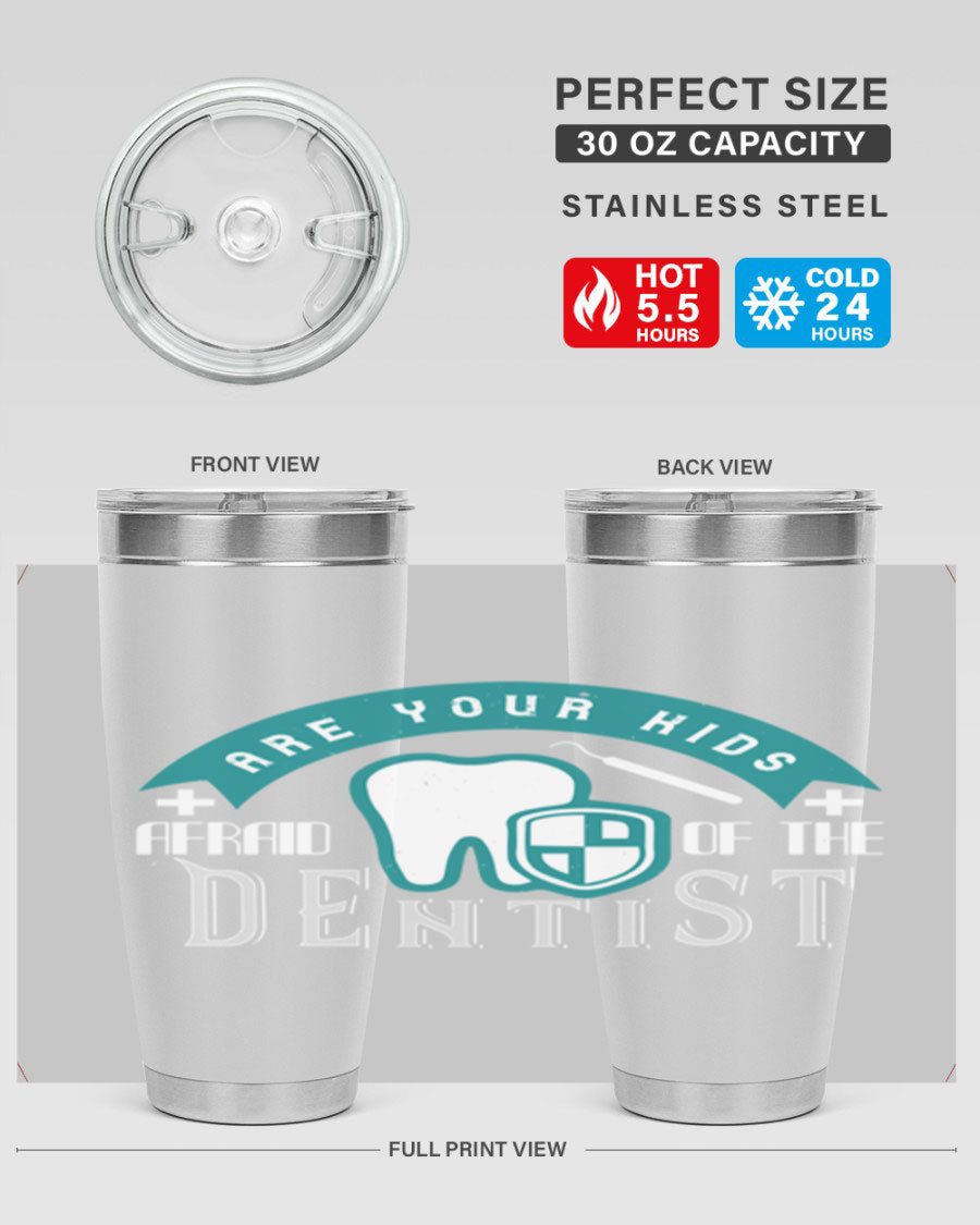 A colorful 20oz Dentist Style 6# tumbler made of double wall vacuum stainless steel, featuring a drink-thru lid, perfect for kids.